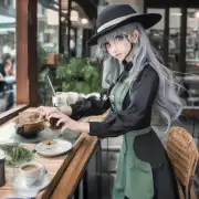 一个穿着灰色连衣裙并戴着一顶黑色帽子的女孩正在一家咖啡厅里工作吗?她有灰色绿色的头发吗?
