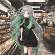 在一个商场里一个长发披肩穿着黑色连衣裙的女孩正走进一家咖啡店她有没有重灰绿色的头发?